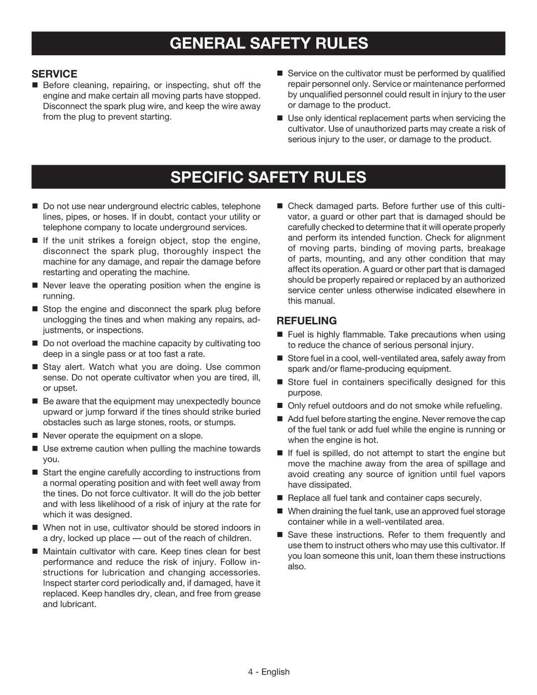 Homelite UT60526 manuel dutilisation Specific Safety Rules, Service, Refueling 