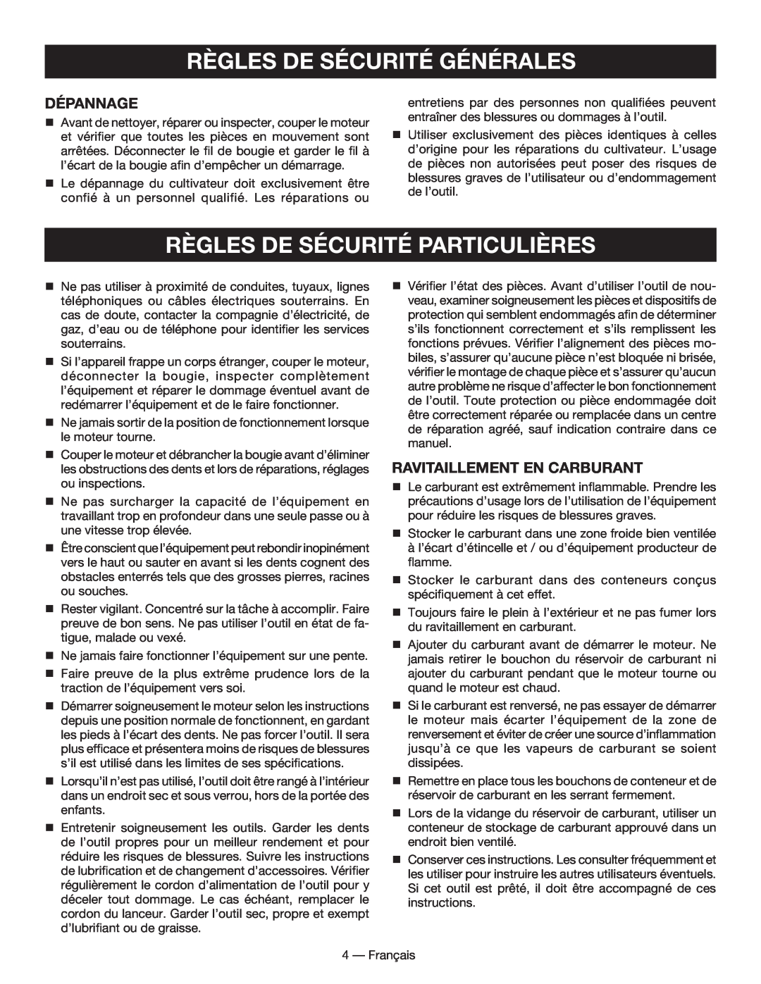 Homelite UT60526 Règles De Sécurité Particulières, Dépannage, ravitaillement en carburant, Règles De Sécurité Générales 