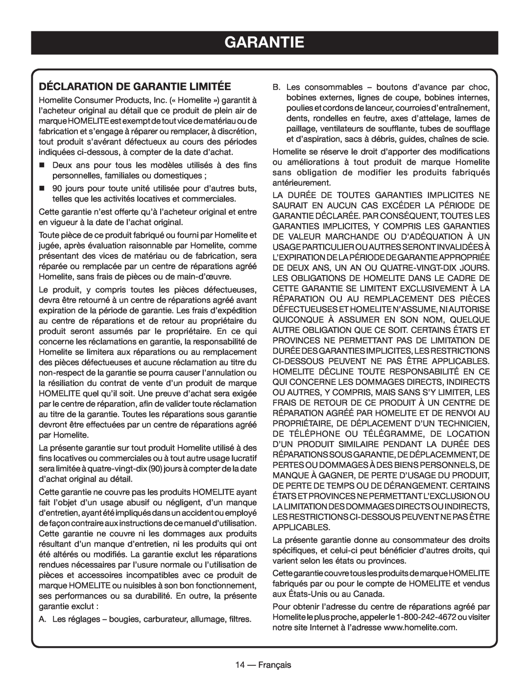 Homelite UT60526 manuel dutilisation Déclaration De Garantie Limitée 