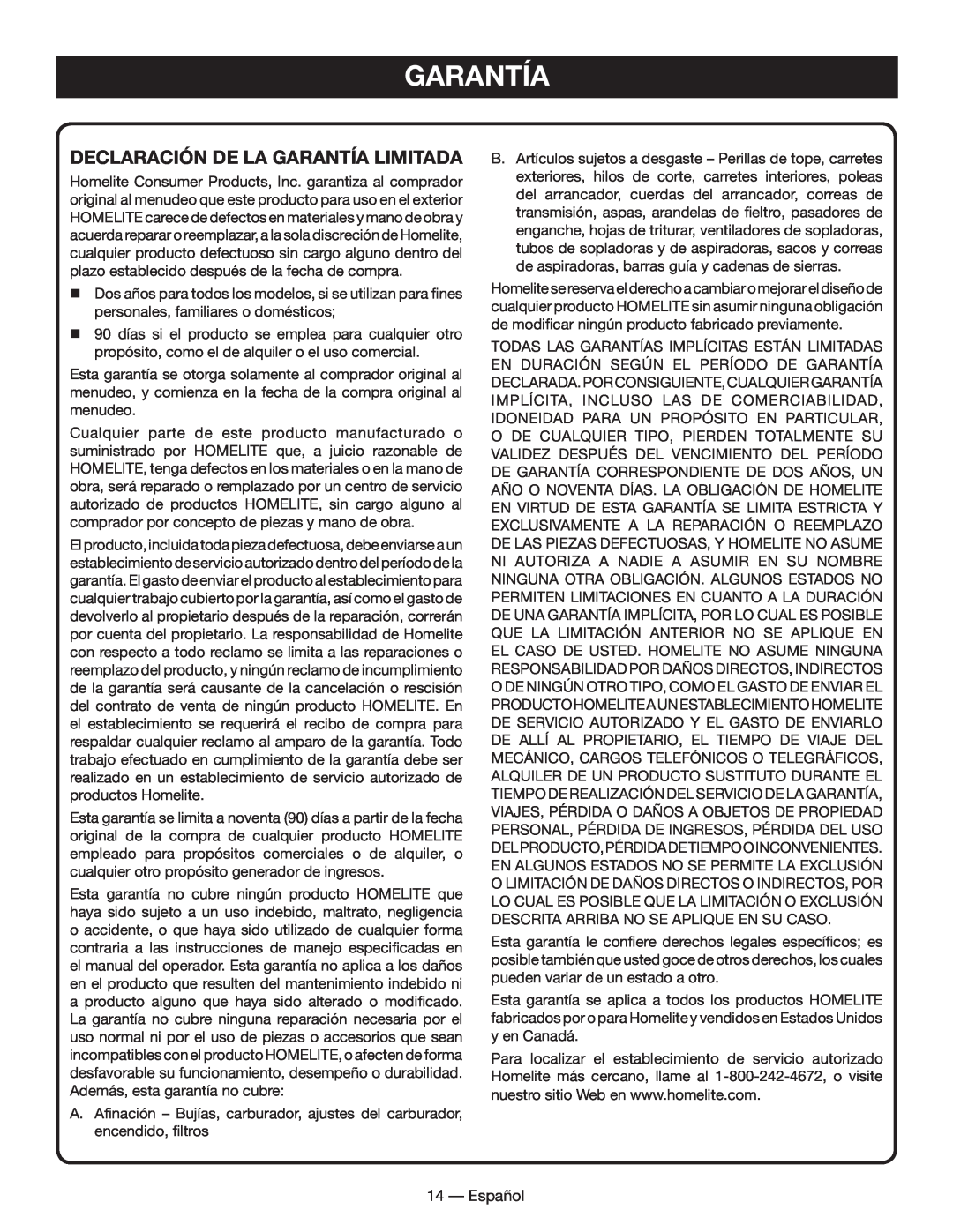 Homelite UT60526 manuel dutilisation Declaración De La Garantía Limitada 