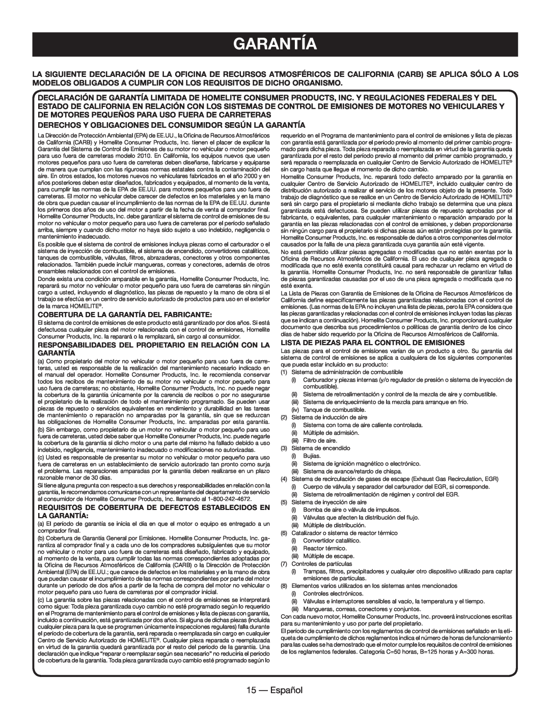 Homelite UT60526 manuel dutilisation Español, Derechos Y Obligaciones Del Consumidor Según La Garantía 