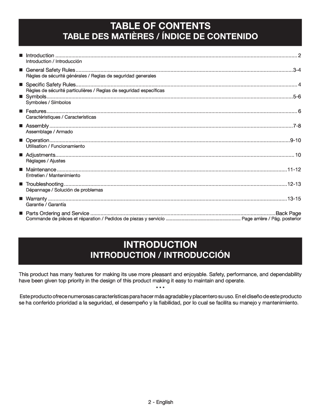Homelite UT60526 Table Of Contents, introduction, Table Des Matières / Índice De Contenido, Introduction / Introducción 