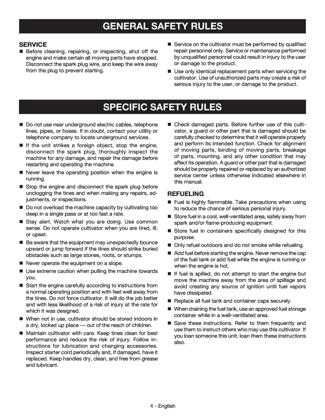 Homelite UT60526 manuel dutilisation Specific Safety Rules, Service, refueling, general SAFETY RULES 