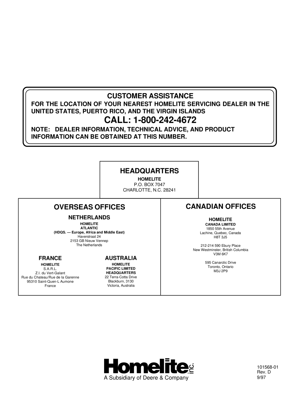 Homelite UT65052-A, HP155A owner manual Call 