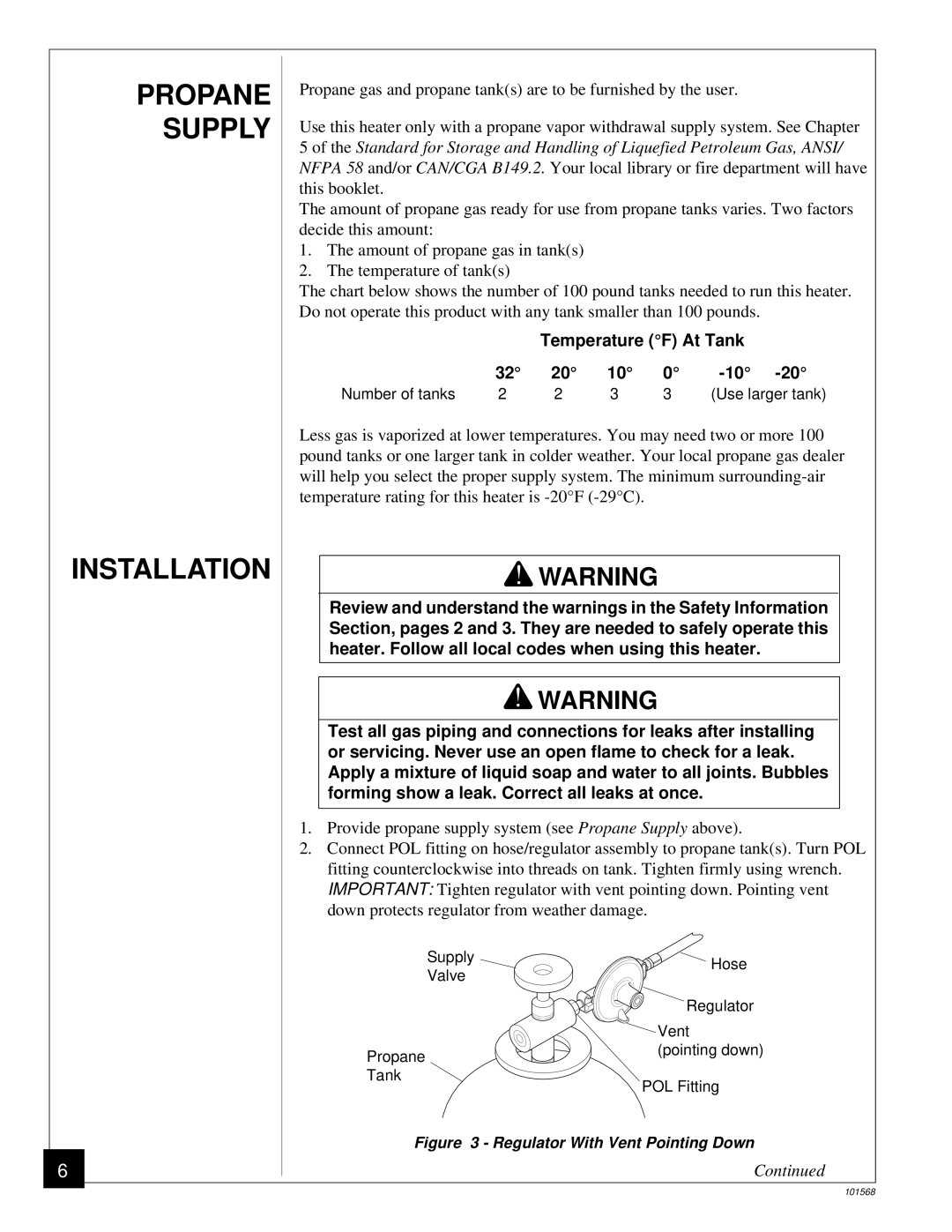 Homelite UT65052-A, HP155A owner manual Propane Supply Installation, Temperature F At Tank 