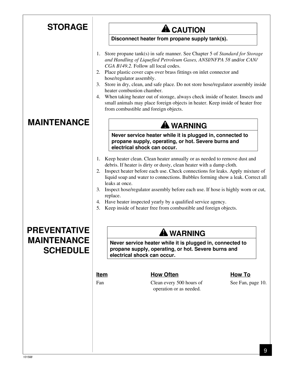 Homelite HP155A Storage Maintenance Preventative Maintenance Schedule, Disconnect heater from propane supply tanks 