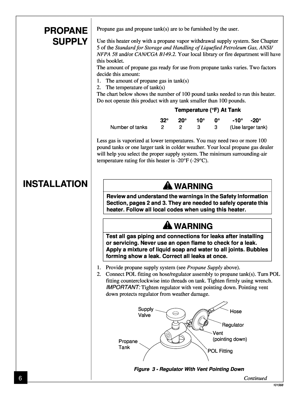 Homelite UT65052-A, HP155A owner manual Propane Supply Installation, Temperature F At Tank, Continued 