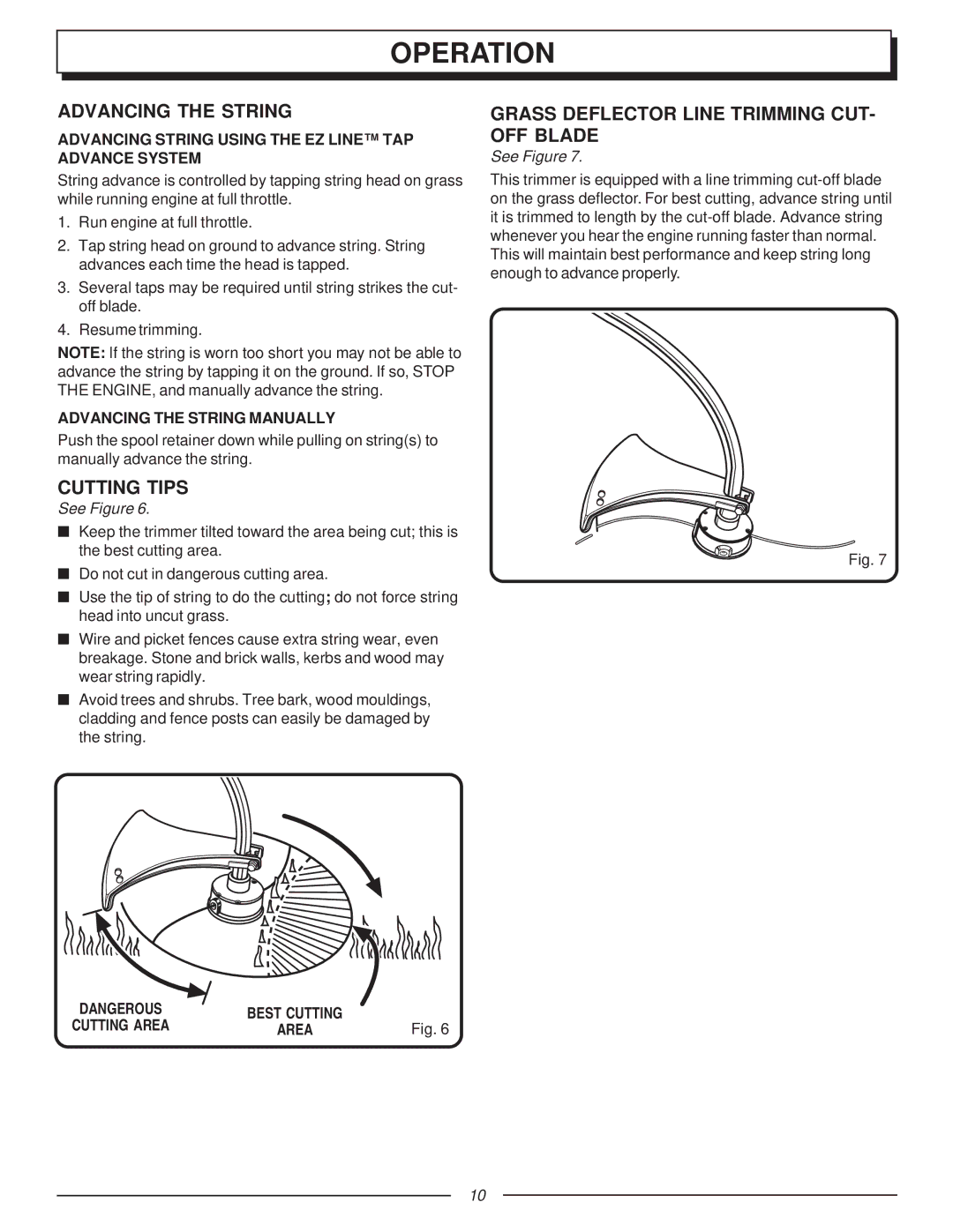 Homelite UT70121A manual Advancing the String, Cutting Tips, Grass Deflector Line Trimming CUT- OFF Blade 