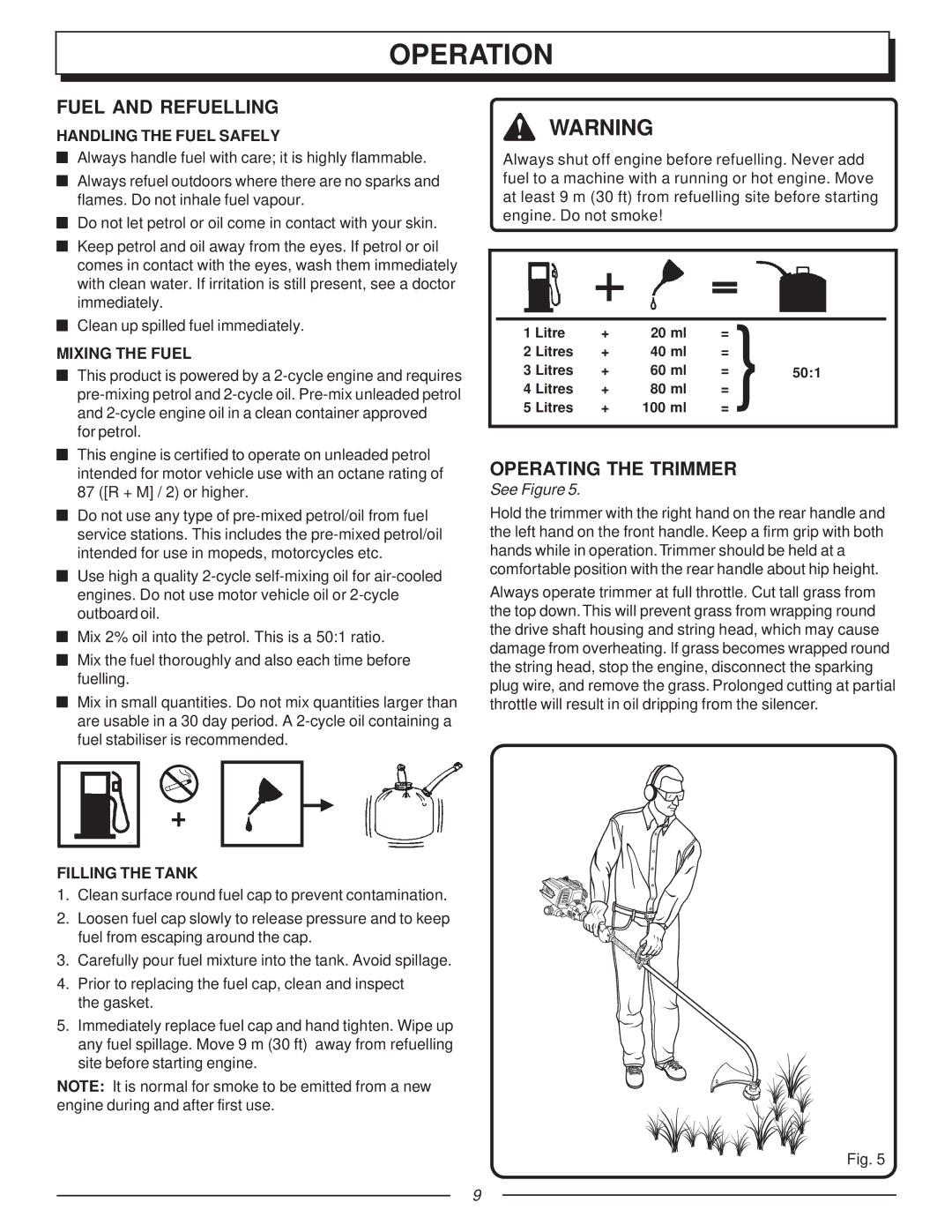 Homelite UT70121A manual Operation, Fuel and Refuelling, Operating the Trimmer 