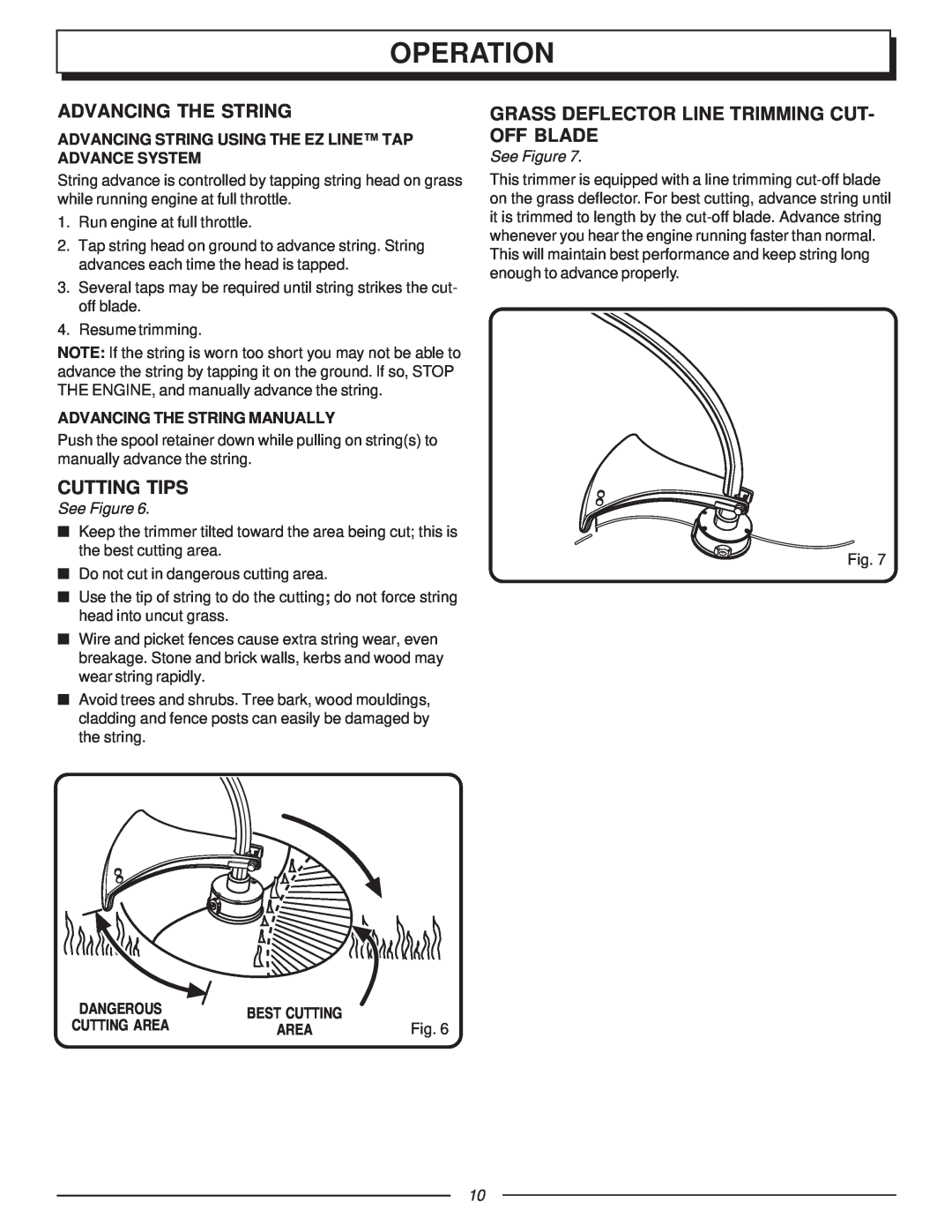 Homelite UT70121A Advancing The String, Cutting Tips, Grass Deflector Line Trimming Cut- Off Blade, Operation, See Figure 