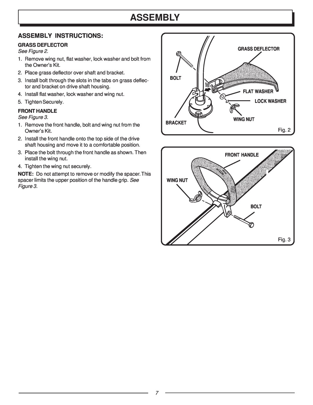 Homelite UT70121A manual Assembly Instructions, Grass Deflector, See Figure, Bolt Bracket, Wing Nut, Front Handle 