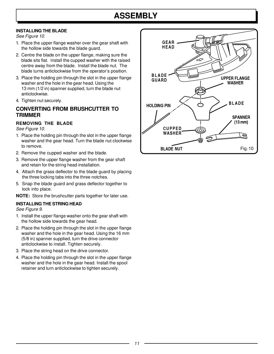 Homelite UT70127 manual Converting from Brushcutter to Trimmer, Installing the Blade, Removing the Blade 