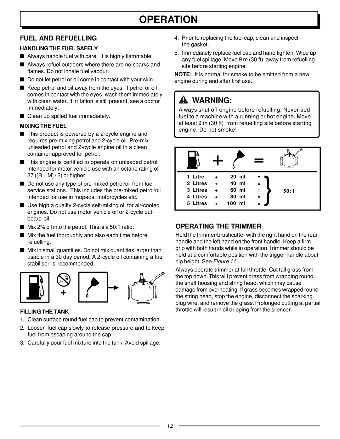 Homelite UT70127 manual Operation, Fuel and Refuelling, Operating the Trimmer 