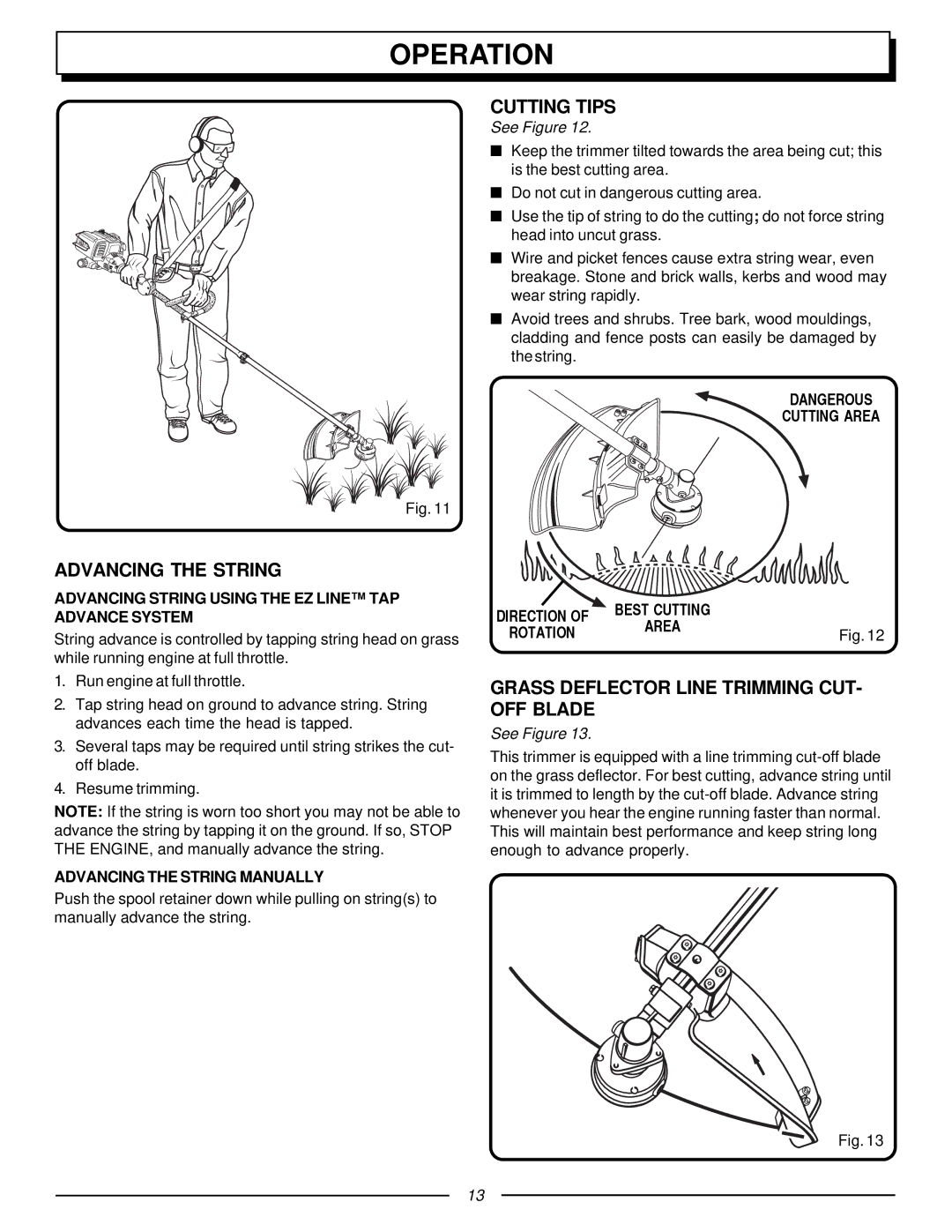 Homelite UT70127 manual Advancing the String, Cutting Tips, Grass Deflector Line Trimming CUT- OFF Blade 