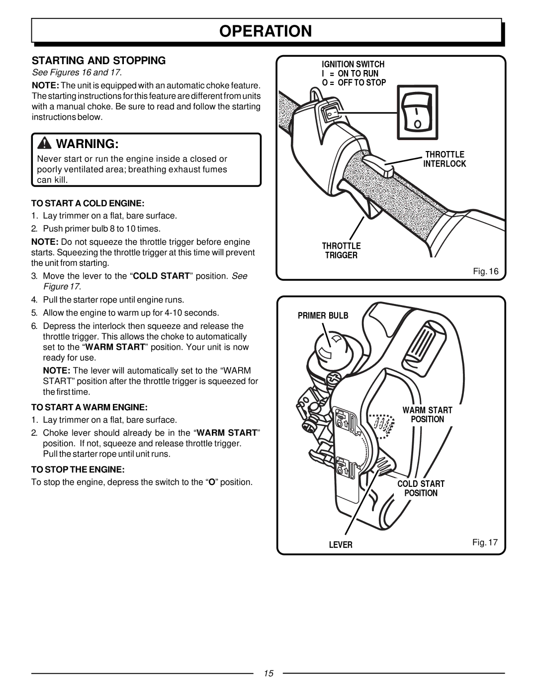 Homelite UT70127 manual Starting and Stopping, To Start a Cold Engine, To Start a Warm Engine, To Stop the Engine 