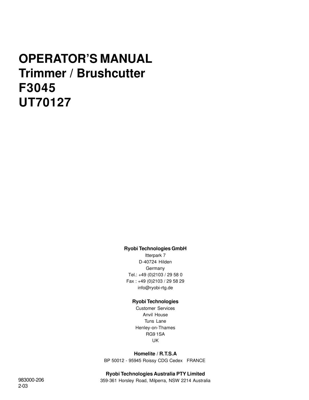 Homelite UT70127 manual Ryobi Technologies GmbH 