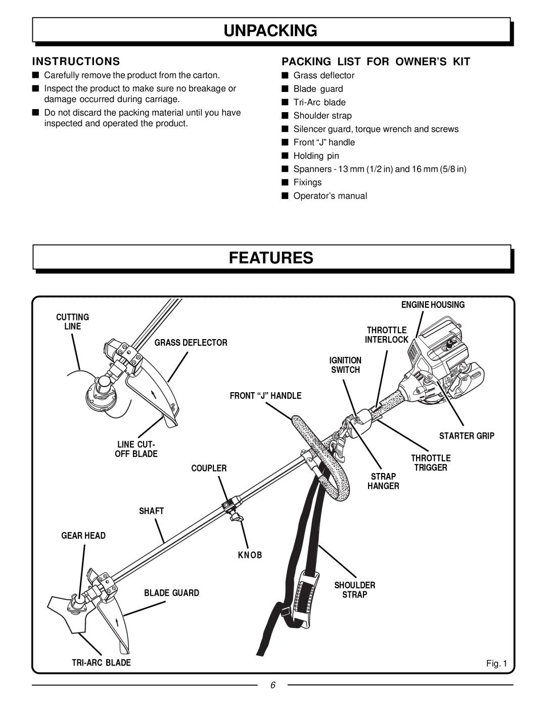 Homelite UT70127 manual Unpacking, Features, Instructions, Packing List for OWNER’S KIT 