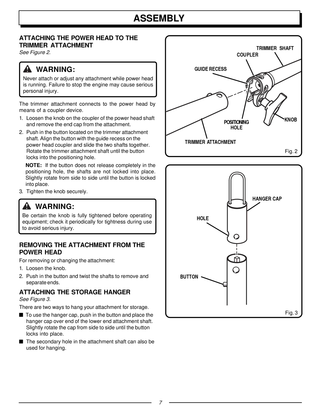 Homelite UT70127 Assembly, Attaching the Power Head to the Trimmer Attachment, Removing the Attachment from the Power Head 