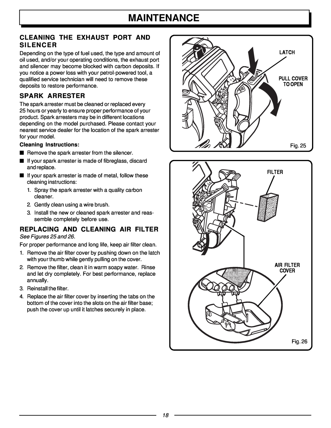 Homelite UT70127 Cleaning The Exhaust Port And Silencer, Spark Arrester, Replacing And Cleaning Air Filter, Maintenance 
