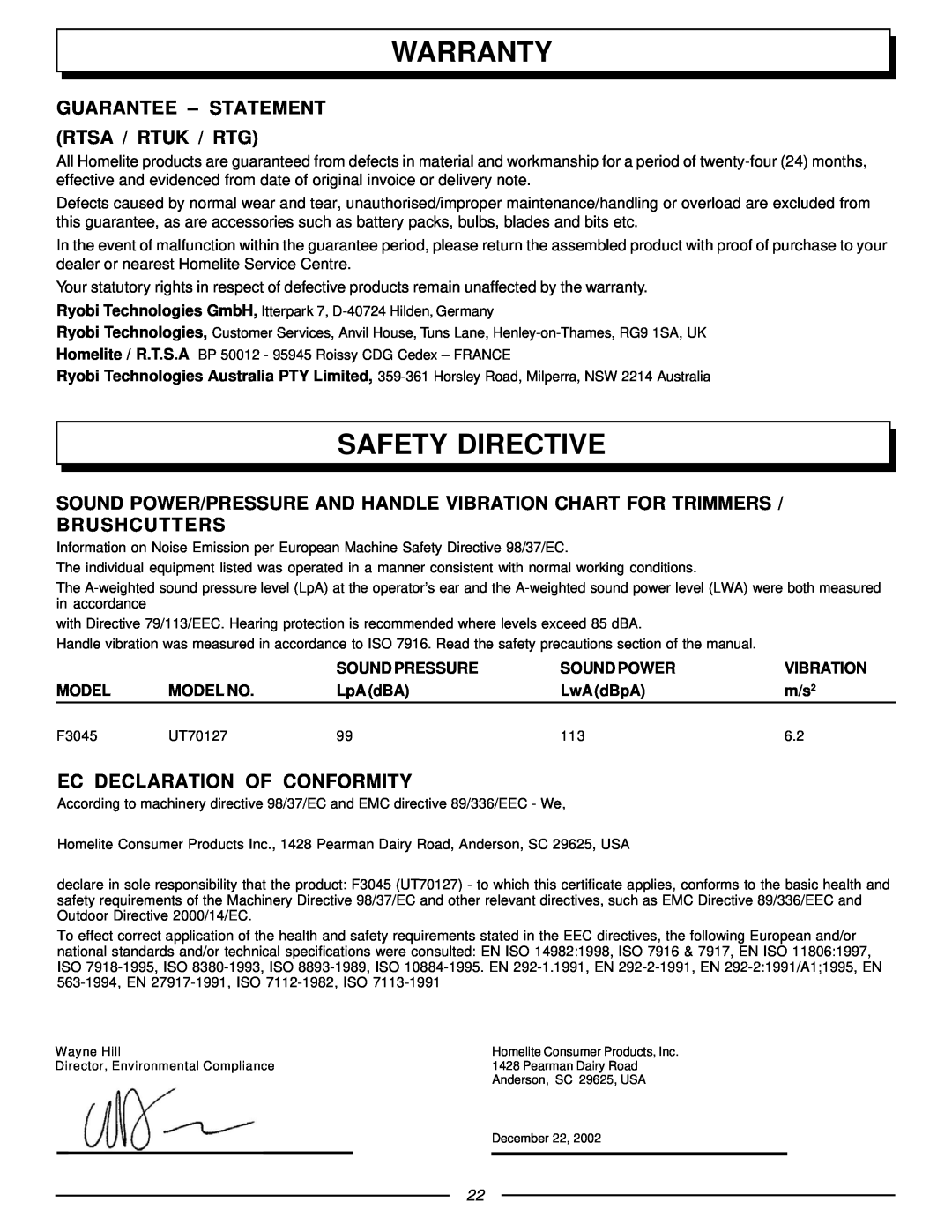Homelite UT70127 Warranty, Safety Directive, Guarantee - Statement Rtsa / Rtuk / Rtg, Ec Declaration Of Conformity, Model 