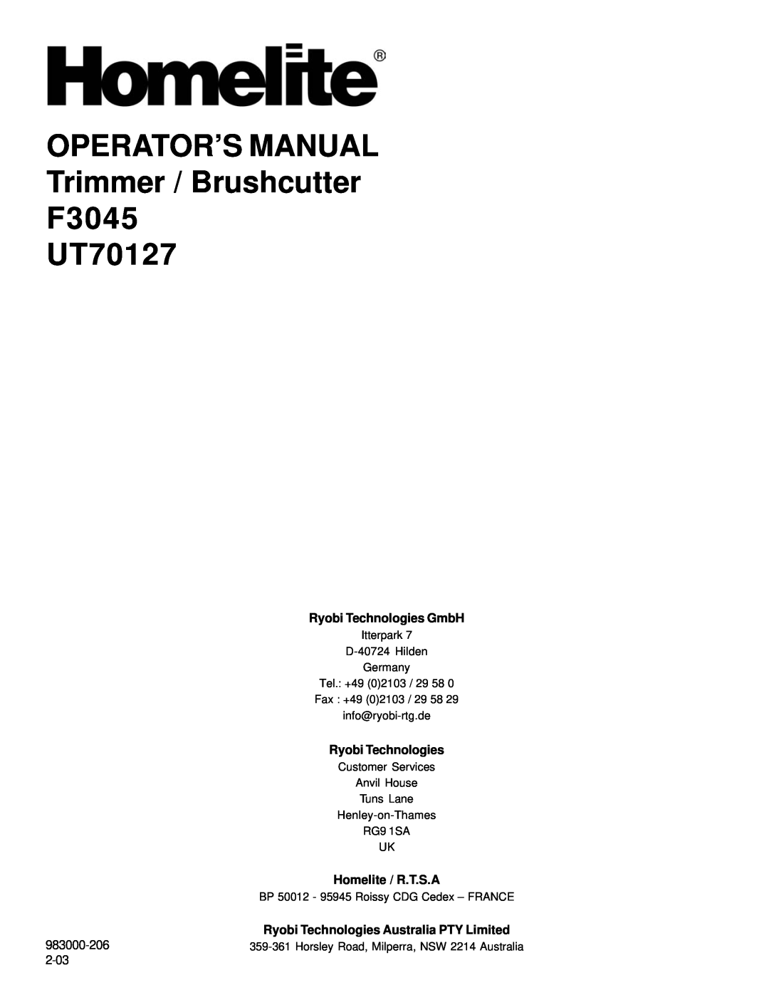 Homelite manual Ryobi Technologies GmbH, OPERATOR’S MANUAL Trimmer / Brushcutter F3045 UT70127, Homelite / R.T.S.A 