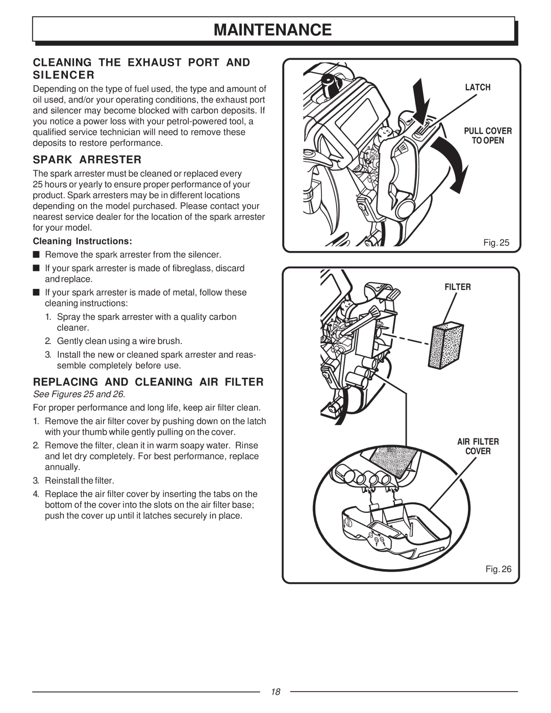 Homelite UT70127A manual Cleaning the Exhaust Port and Silencer, Spark Arrester, Replacing and Cleaning AIR Filter 