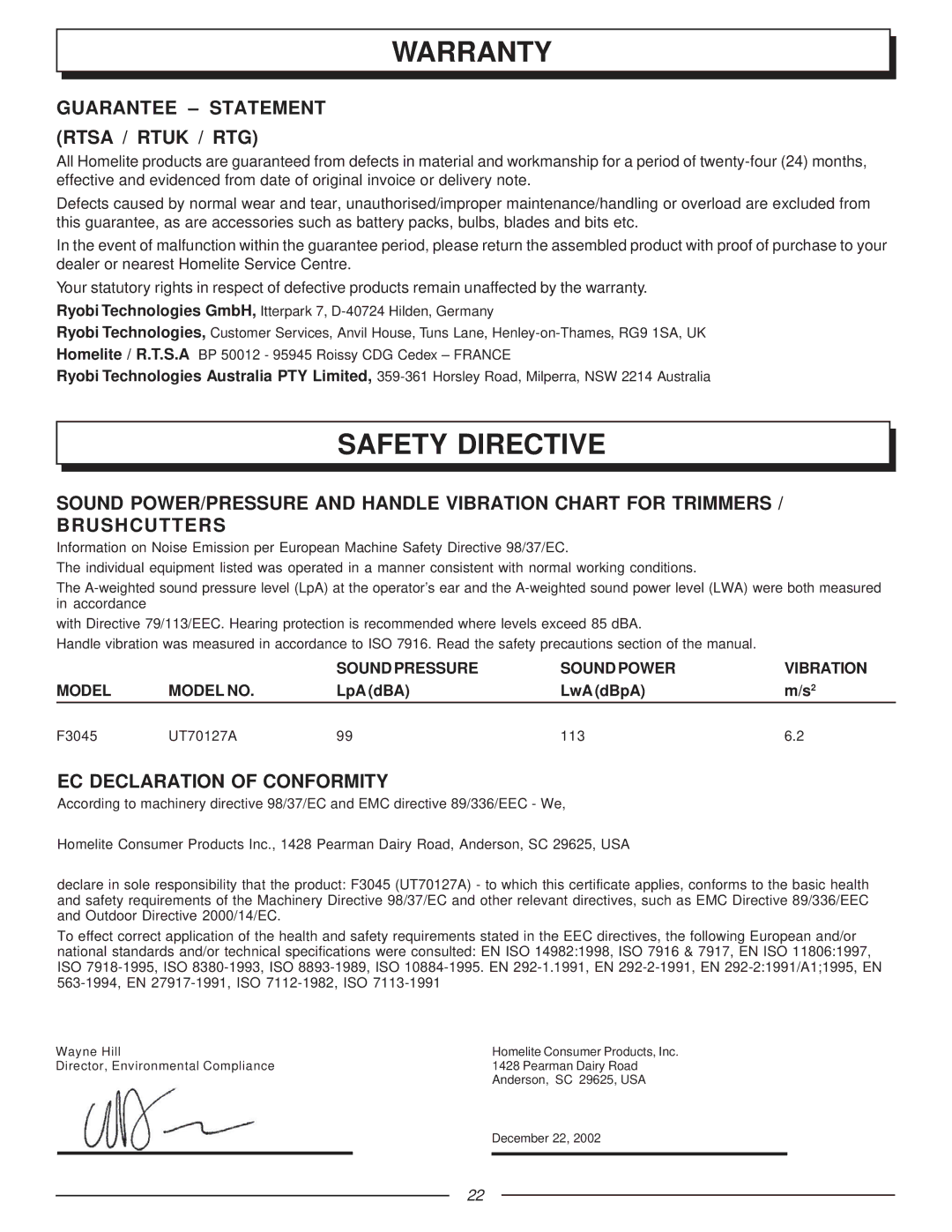 Homelite UT70127A manual Warranty, Safety Directive, Guarantee Statement Rtsa / Rtuk / RTG, EC Declaration of Conformity 