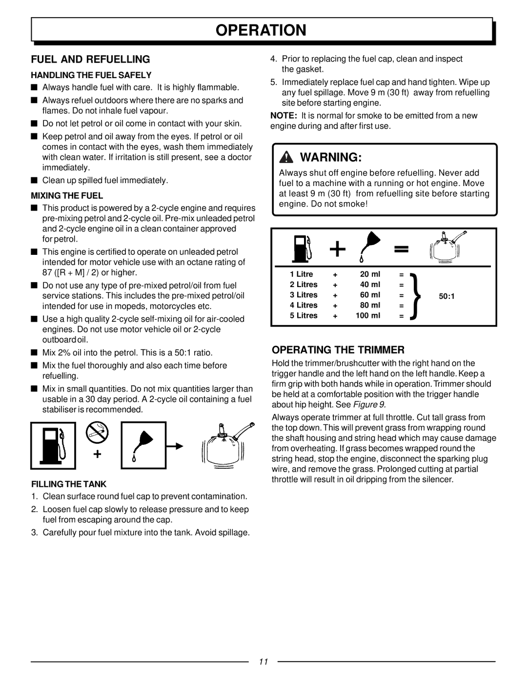 Homelite F3055, UT70129 manual Operation, Fuel and Refuelling, Operating the Trimmer 
