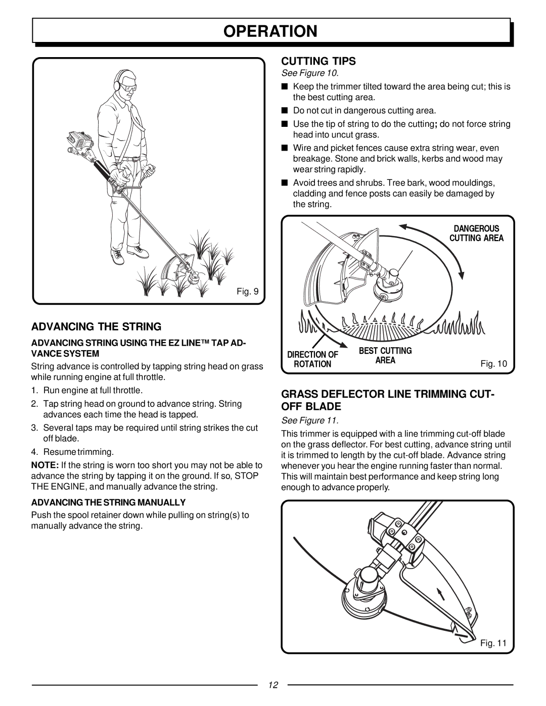 Homelite UT70129, F3055 manual Advancing the String, Cutting Tips, Grass Deflector Line Trimming CUT- OFF Blade 