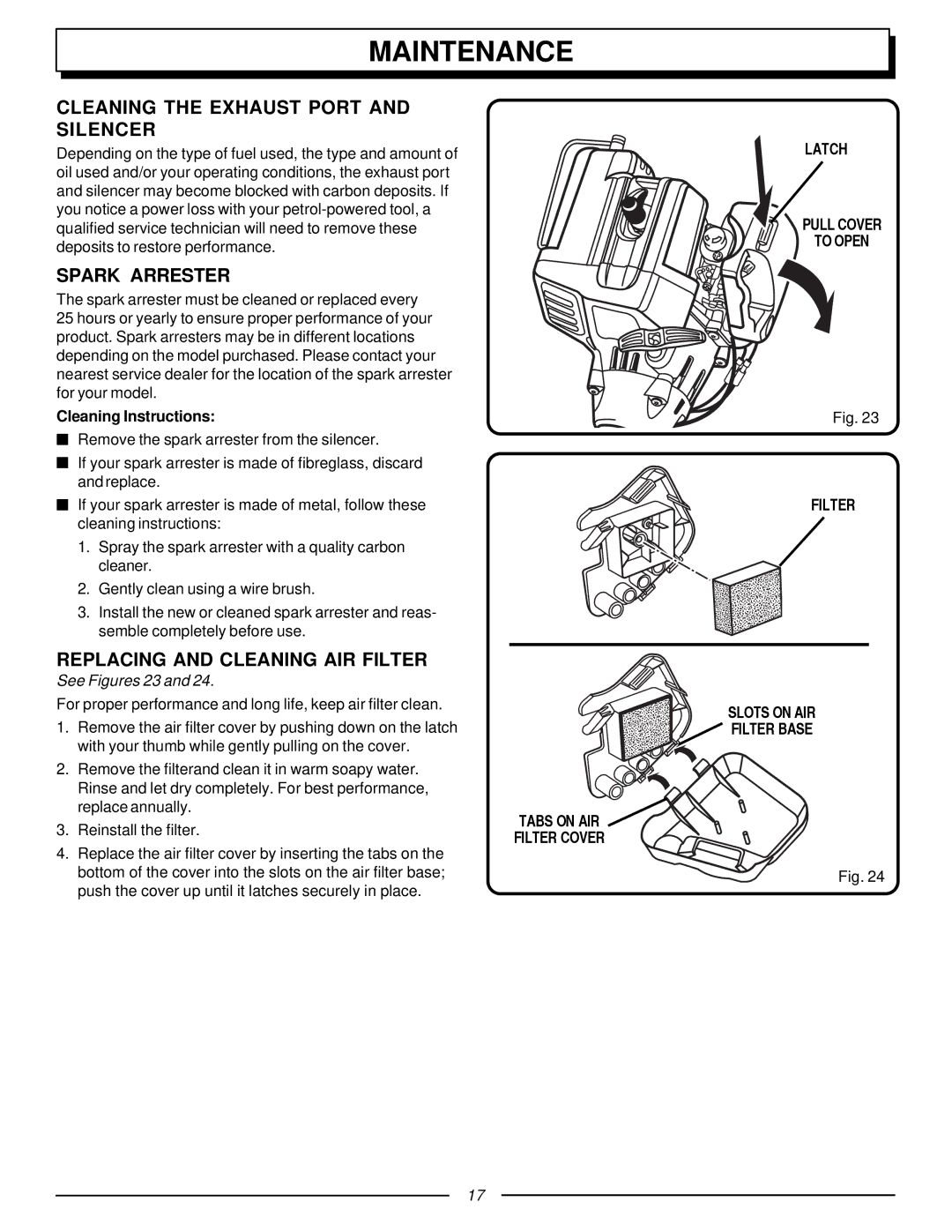 Homelite F3055 Cleaning the Exhaust Port and Silencer, Spark Arrester, Replacing and Cleaning AIR Filter, See Figures 23 