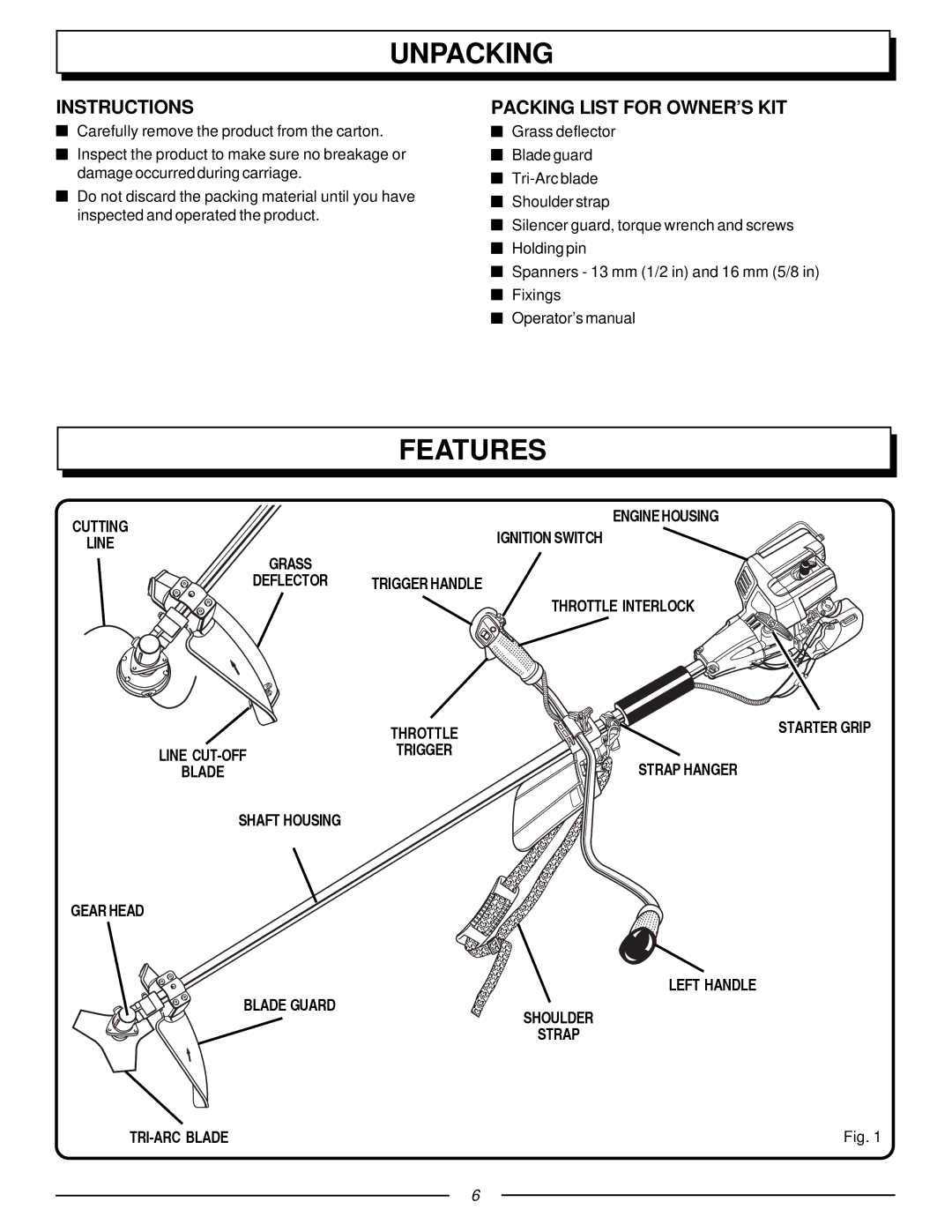 Homelite UT70129, F3055 Unpacking, Features, Instructions, Packing List for OWNER’S KIT, Strap Hanger Left Handle Shoulder 