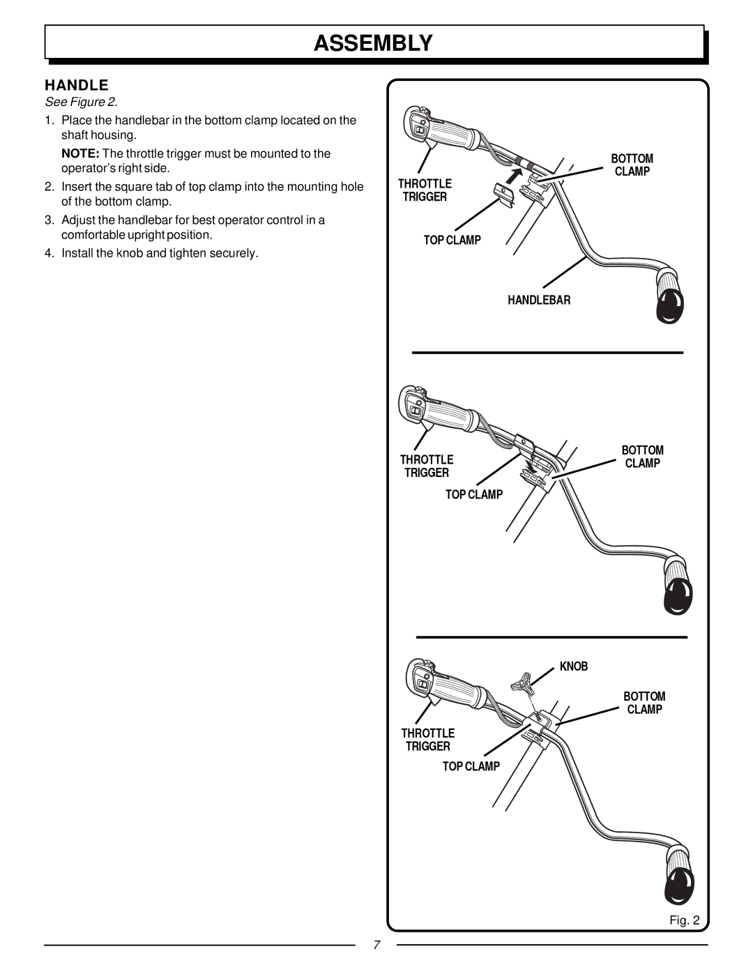 Homelite F3055, UT70129 manual Assembly, See Figure, Throttle Trigger TOP Clamp Handlebar Bottom 