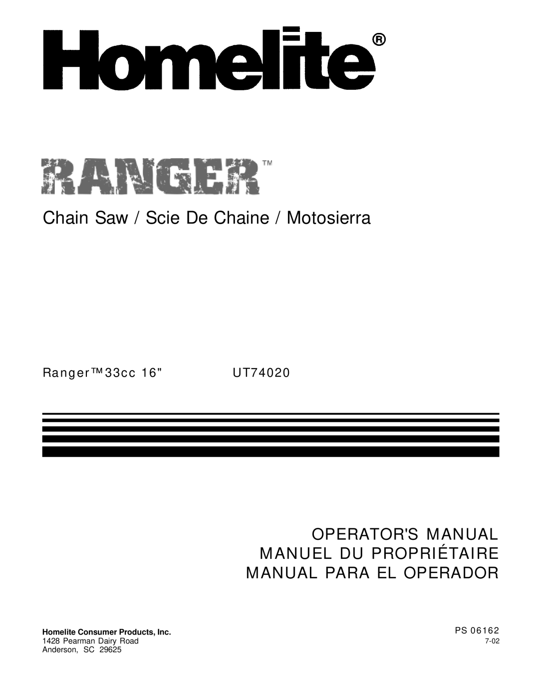 Homelite UT74020 manual Chain Saw / Scie De Chaine / Motosierra 