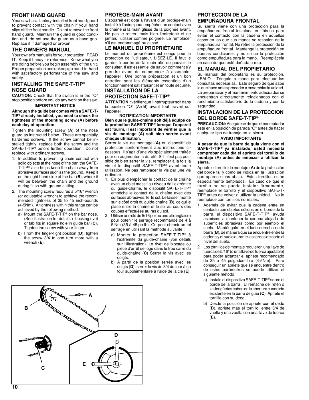 Homelite UT74020 Front Hand Guard, Installing the SAFE-T-TIPNOSE Guard, PROTÈGE-MAIN Avant, LE Manuel DU Propriétaire 