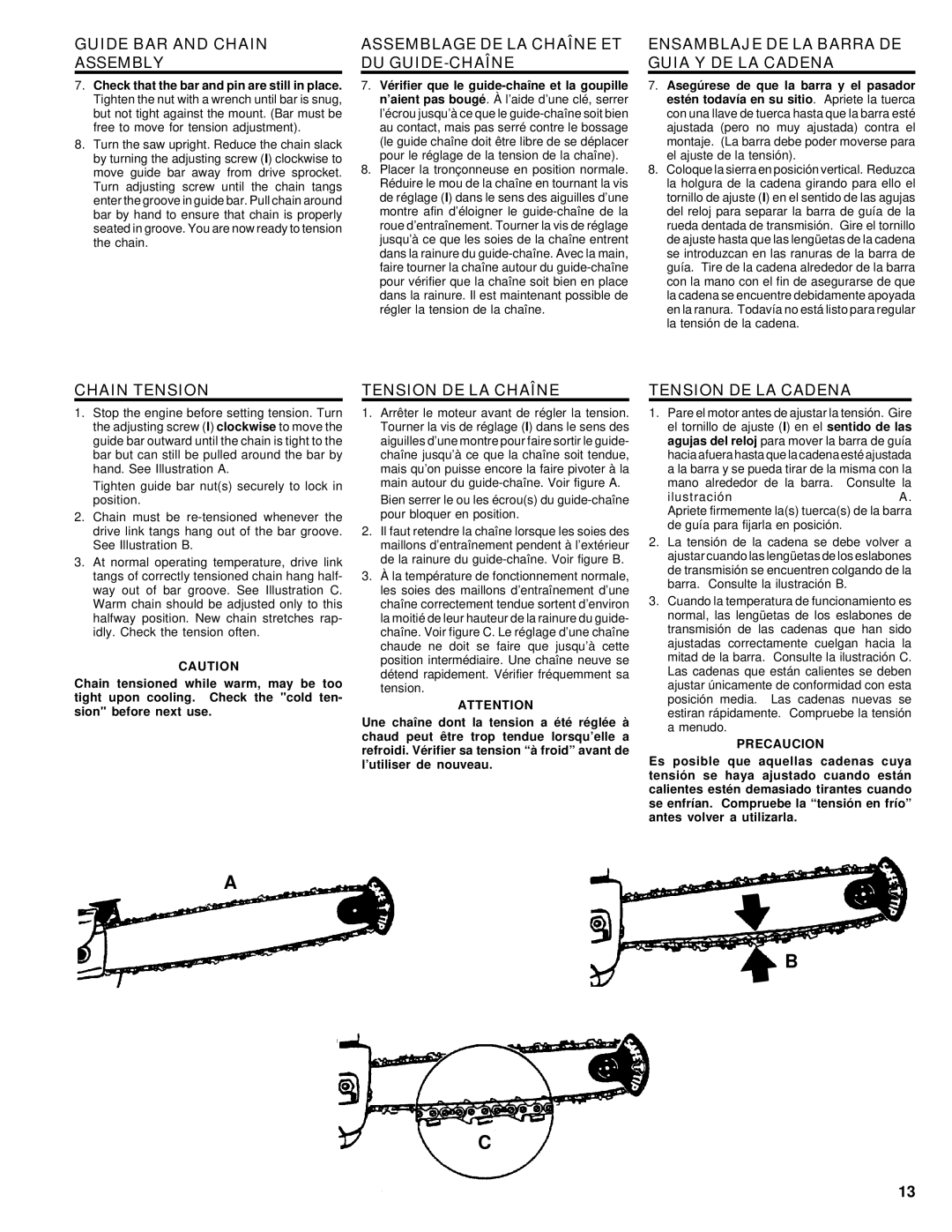 Homelite UT74020 manual Guide BAR and Chain Assembly, Assemblage DE LA Chaîne ET DU GUIDE-CHAÎNE, Chain Tension 