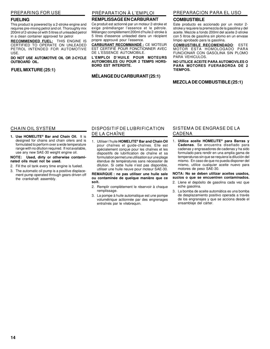Homelite UT74020 manual Preparing for USE Fueling, Preparacion Para EL USO Combustible, Chain OIL System 