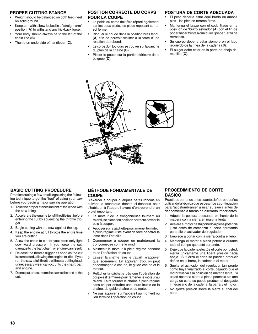 Homelite UT74020 manual Proper Cutting Stance, Position Correcte DU Corps Pour LA Coupe, Postura DE Corte Adecuada 