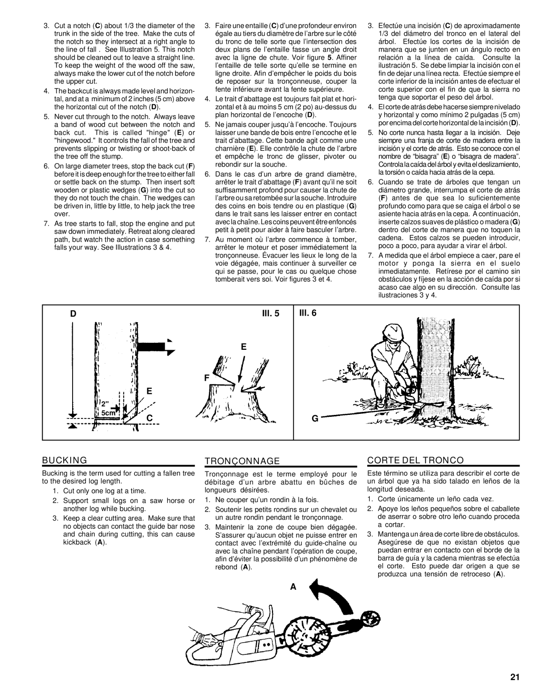 Homelite UT74020 manual Bucking, Tronçonnage, Corte DEL Tronco, 5cm 