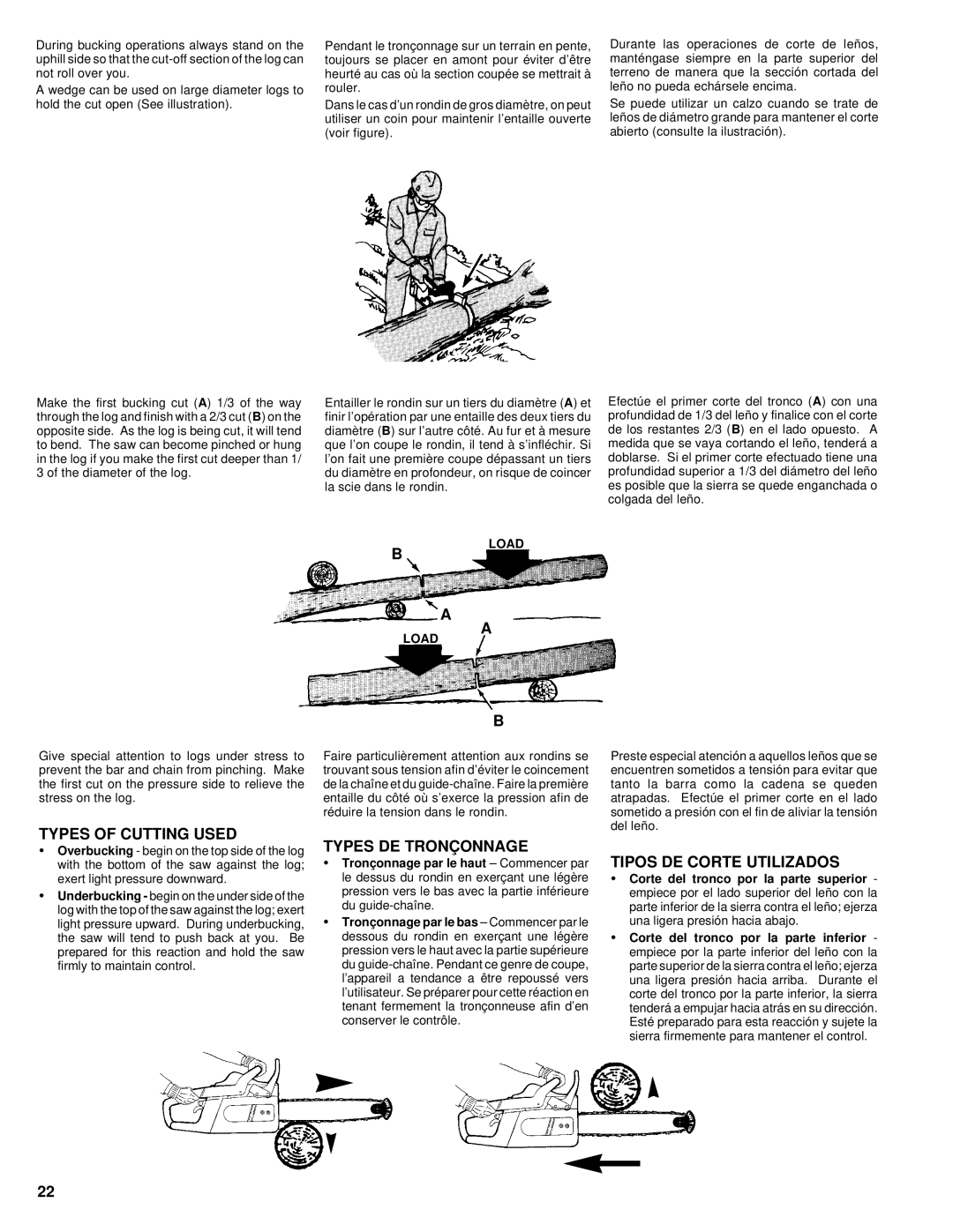 Homelite UT74020 manual Types of Cutting Used, Types DE Tronçonnage, Tipos DE Corte Utilizados, Load 