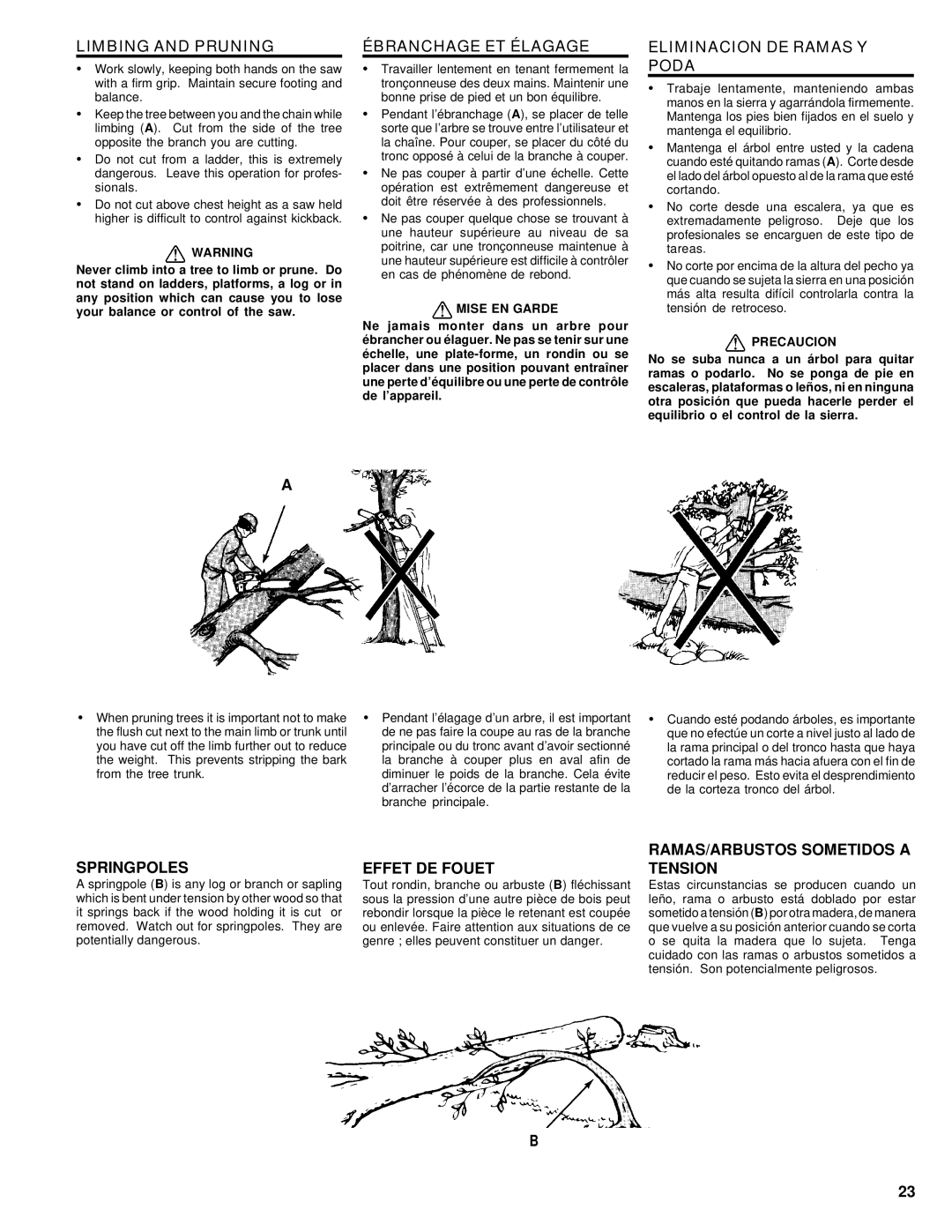 Homelite UT74020 manual Limbing and Pruning, Ébranchage ET Élagage, Eliminacion DE Ramas Y Poda 