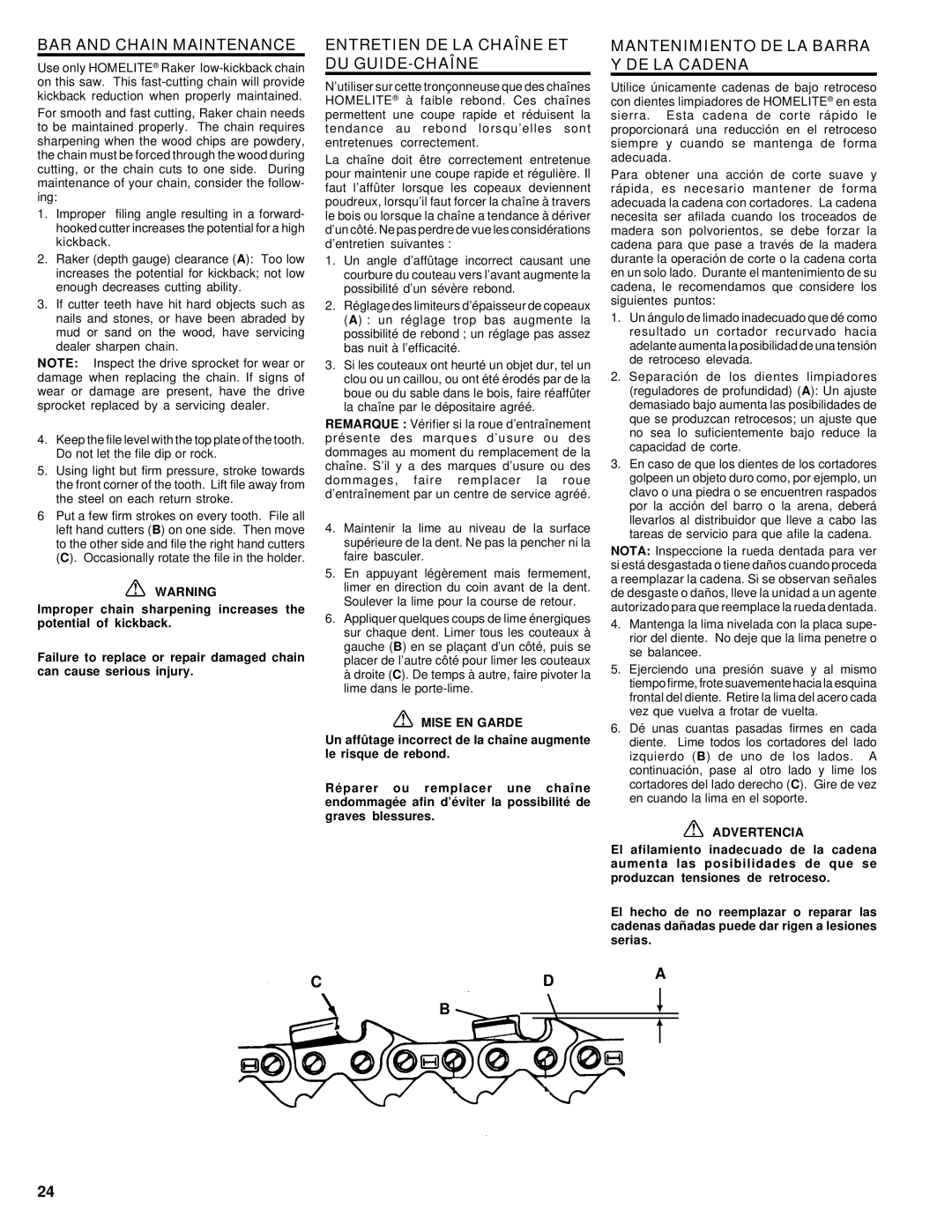 Homelite UT74020 manual BAR and Chain Maintenance, Entretien DE LA Chaîne ET DU GUIDE-CHAÎNE, Cda B, Advertencia 