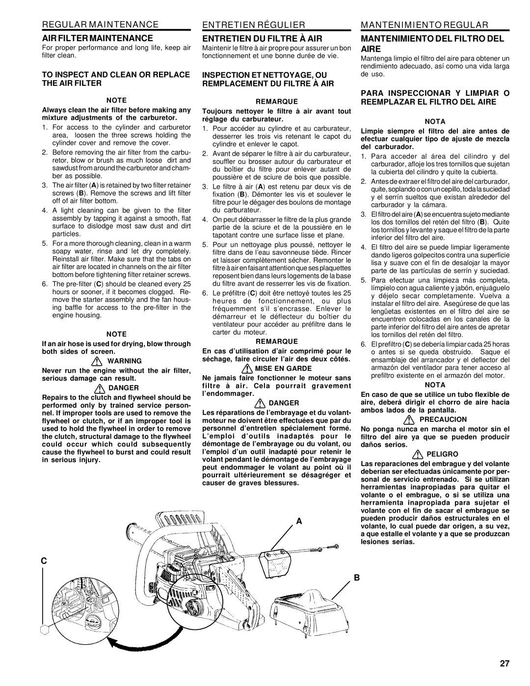 Homelite UT74020 manual Regular Maintenance AIR Filter Maintenance, Entretien Régulier Entretien DU Filtre À AIR 