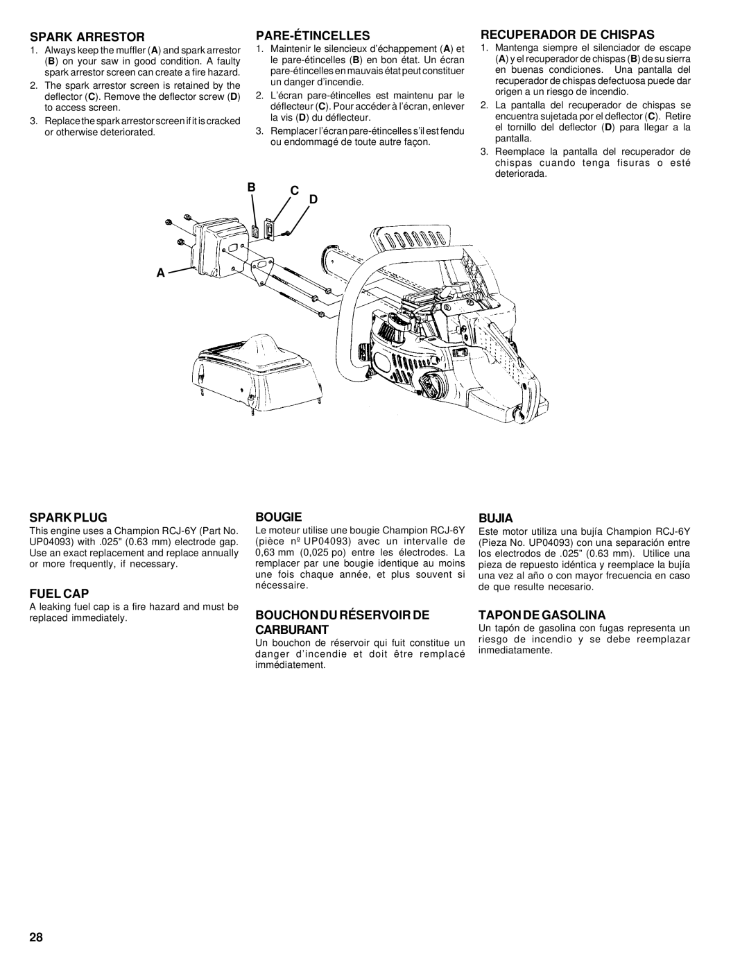 Homelite UT74020 manual Spark Arrestor, Pare-Étincelles, Recuperador DE Chispas, Spark Plug, Fuel CAP, Bougie, Bujia 