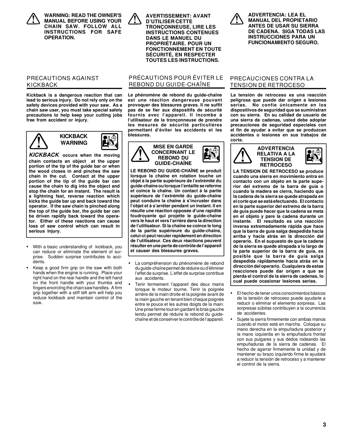 Homelite UT74020 manual Precautions Against Kickback, Précautions Pour Éviter LE Rebond DU GUIDE-CHAÎNE 