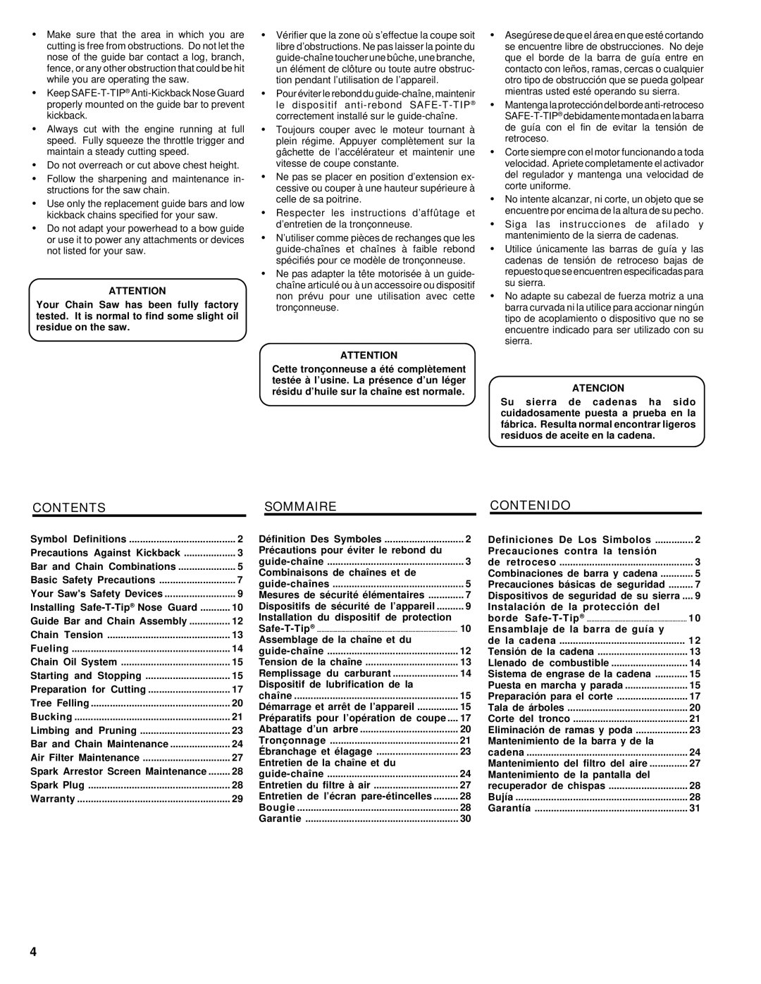 Homelite UT74020 manual Contents Sommaire Contenido 