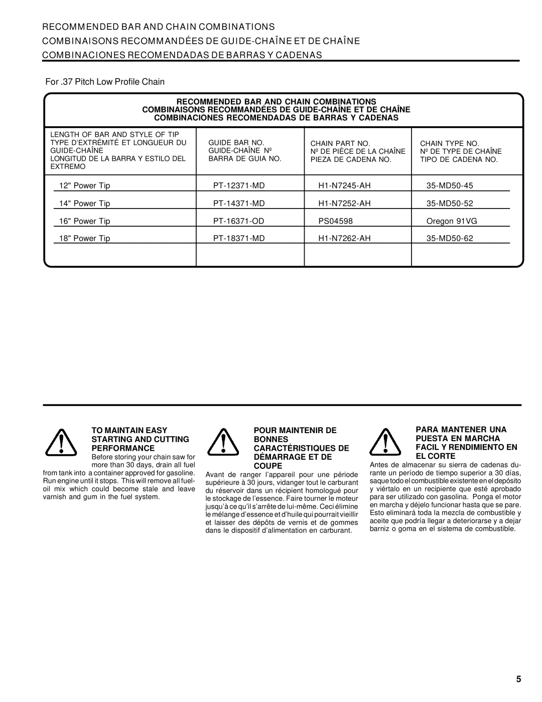 Homelite UT74020 manual For .37 Pitch Low Profile Chain, To Maintain Easy Starting and Cutting Performance 