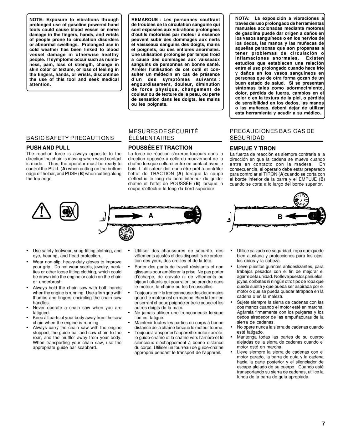 Homelite UT74020 manual Basic Safety Precautions Push and Pull, Mesures DE Sécurité Élémentaires Poussée ET Traction 