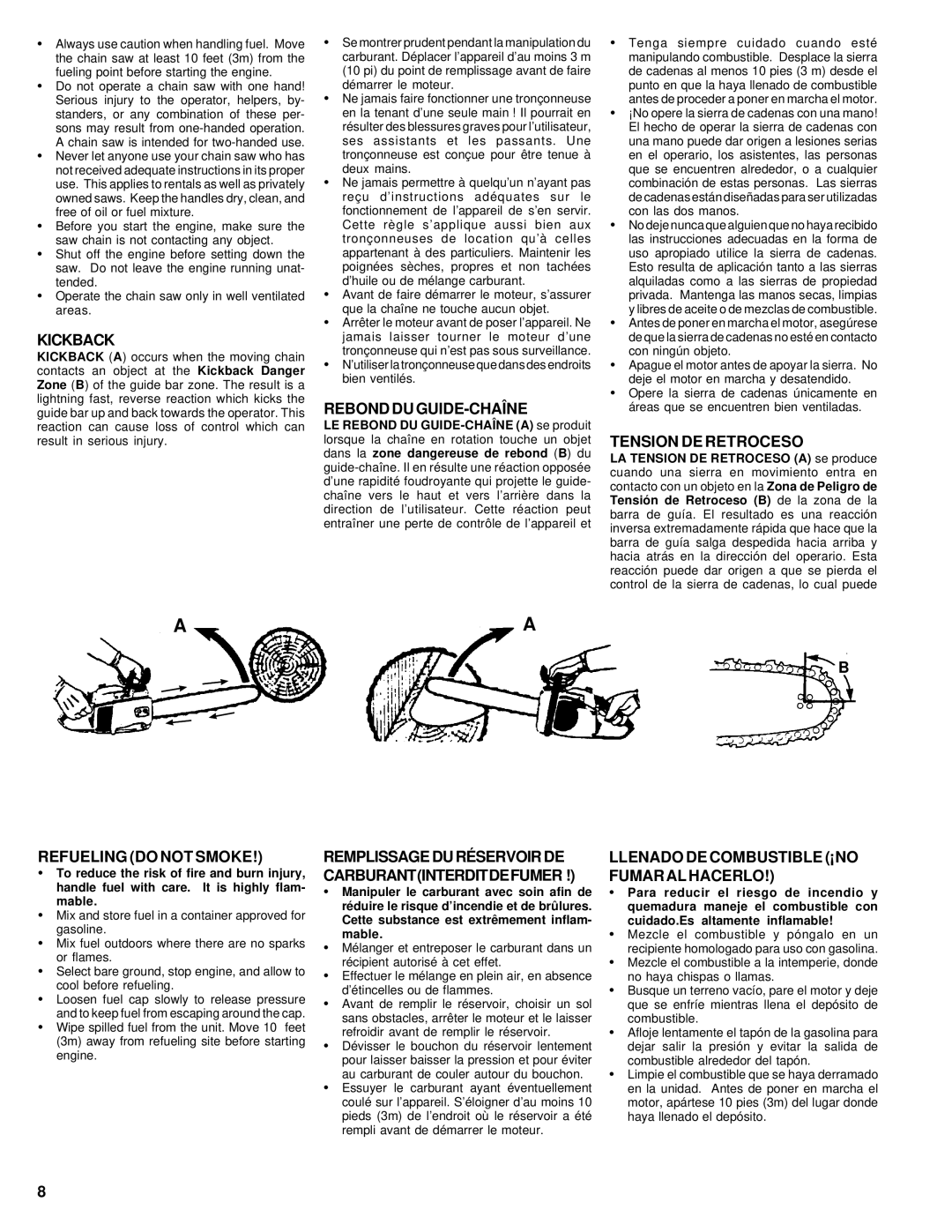 Homelite UT74020 manual Rebond DU GUIDE-CHAÎNE, Tension DE Retroceso, Refueling do not Smoke 