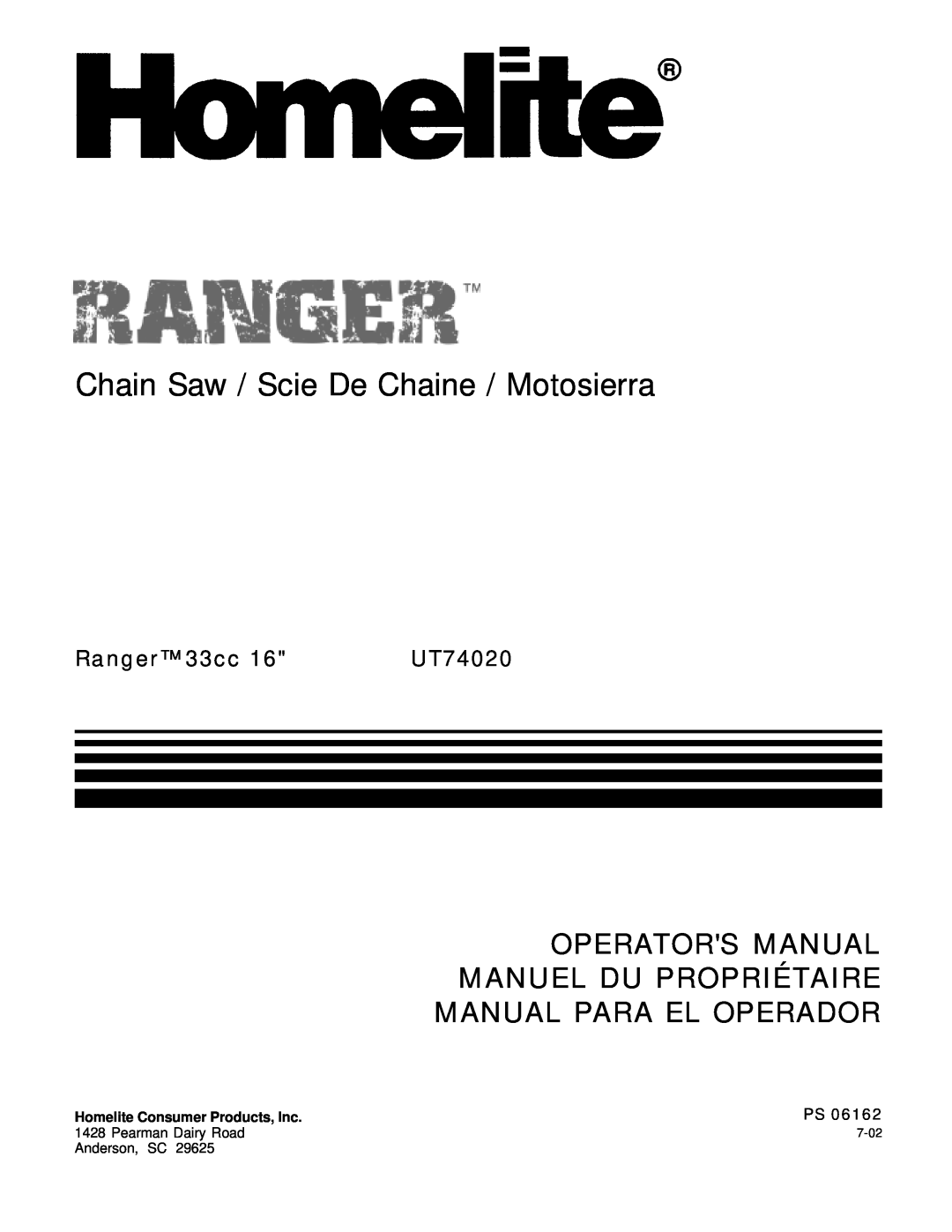 Homelite UT74020 manual Homelite Consumer Products, Inc, Chain Saw / Scie De Chaine / Motosierra, Ranger 33cc 