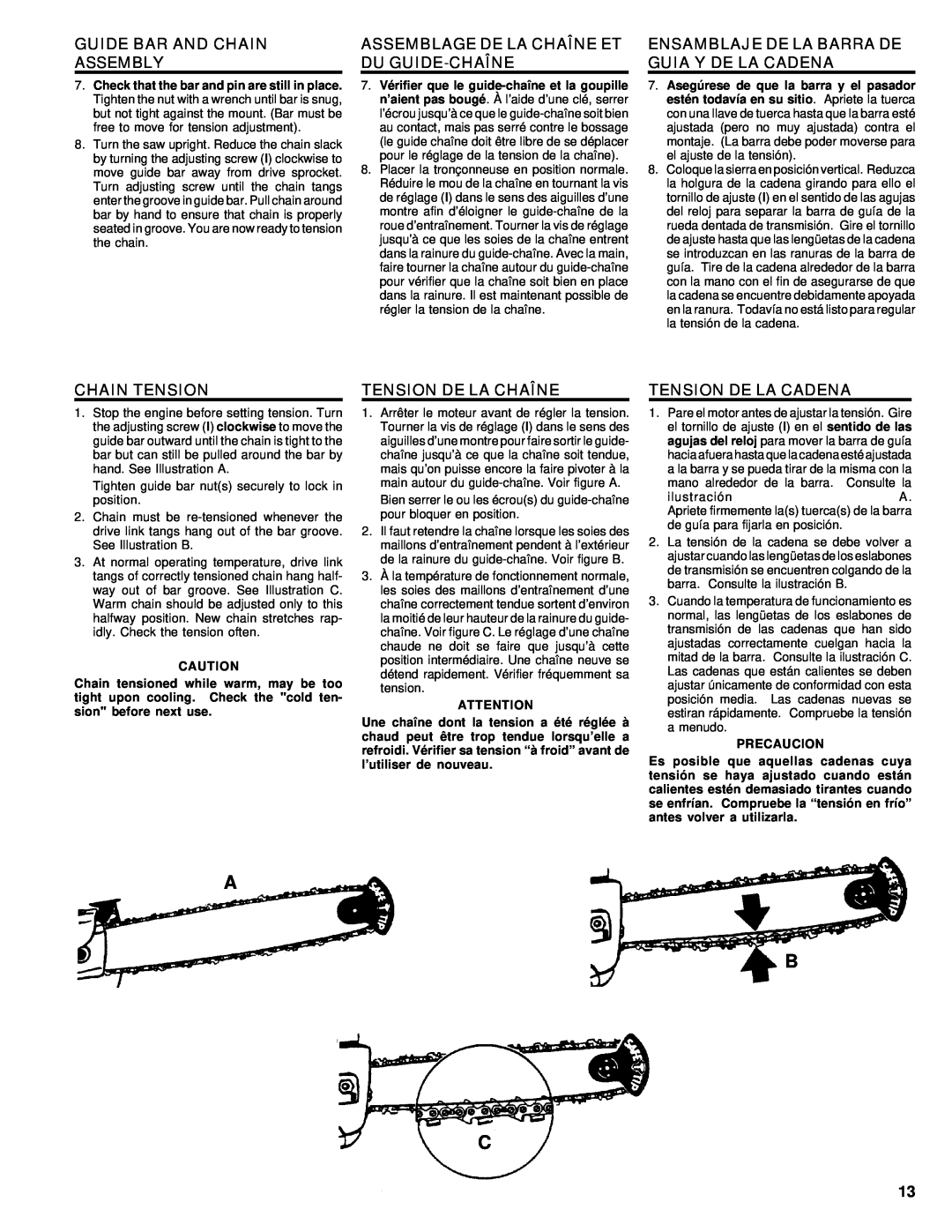 Homelite UT74020 manual Guide Bar And Chain Assembly, Assemblage De La Chaîne Et Du Guide-Chaîne, Chain Tension, Precaucion 